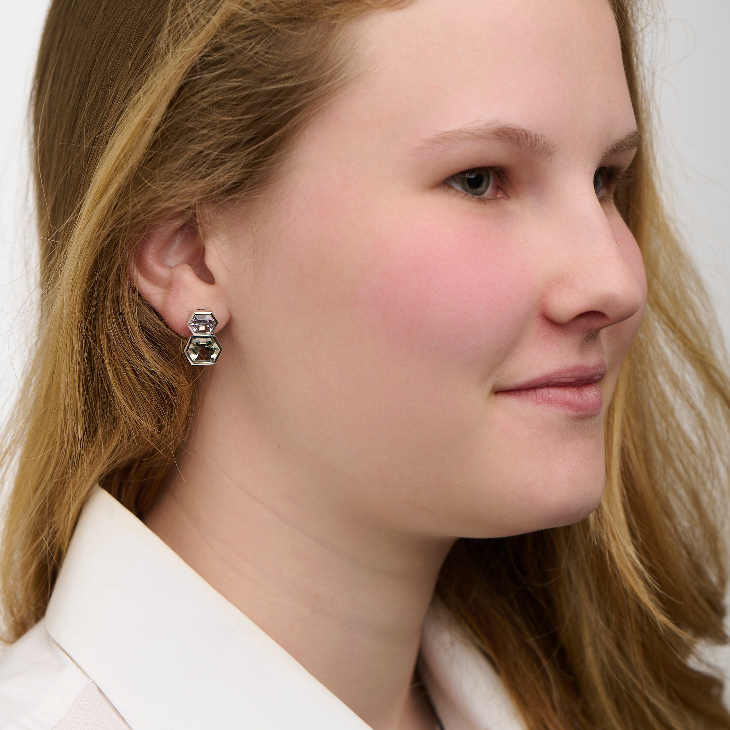 Glow on Glow Earrings - Pink and Green Amethyst Hexagons