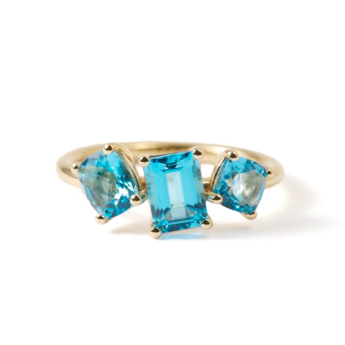 Yellow gold dress ring with three Swiss Blue Topaz